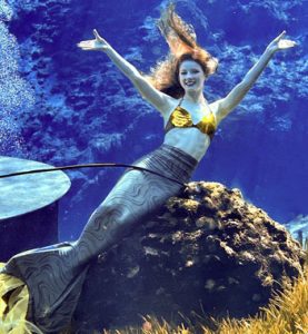 A smiling mermaid with flowing hair and a golden top poses underwater on a rock, surrounded by deep blue water and bubbles.
