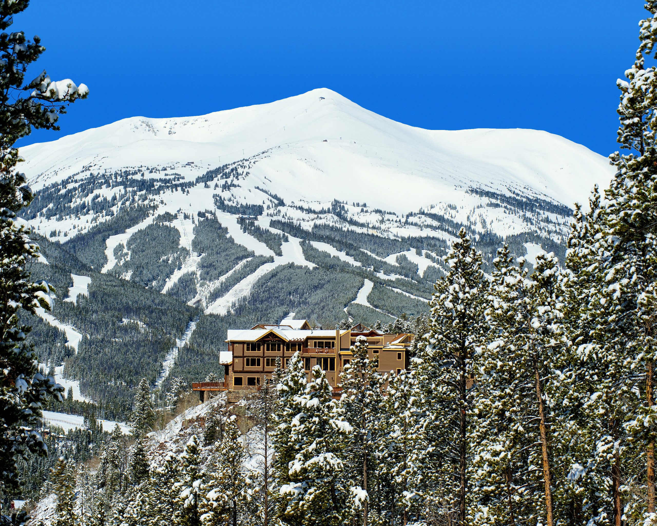 A snow-covered lodge nestled among pine trees, with majestic ski slopes in the background, perfect for a winter adventure.