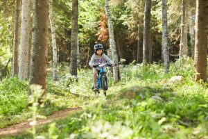Child biking through a forest trail at Giants Ridge Recreation Area, surrounded by trees and greenery on a sunny day.